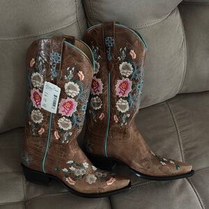 Macie Bean Brown and Blue Heeled Boots with Floral Embroidery